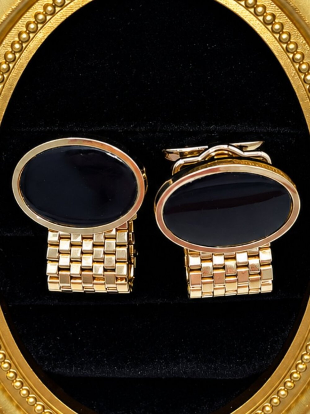 Vintage Foster Black Onyx Oval Gold Tone Cufflinks Mid Century Men’s Jewelry